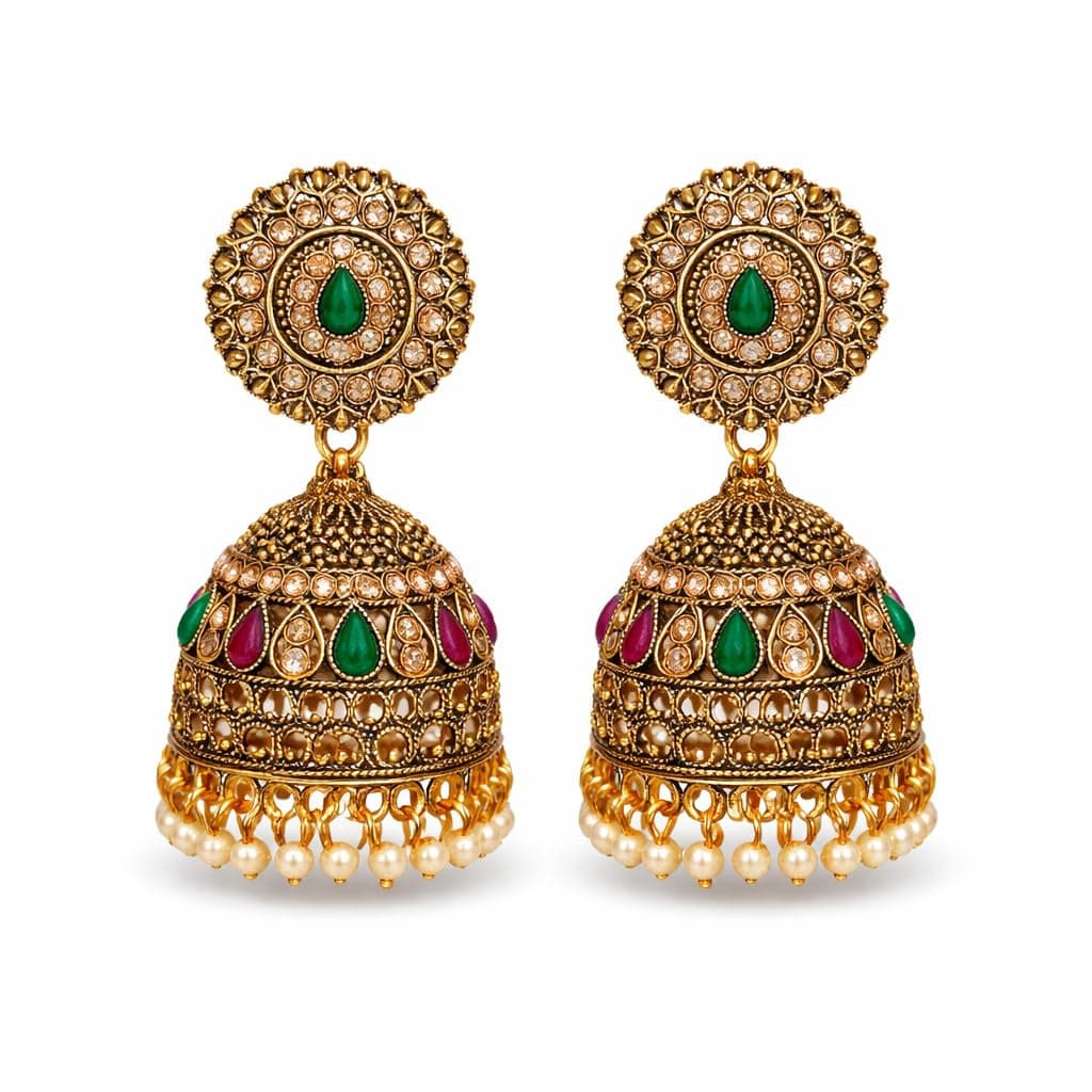 Gold Plated Kundan Pearl Jhumka Earrings for Women,Traditional Indian Bridal Ethnic Earrings for Wedding, Festive & Party, Pack of 1