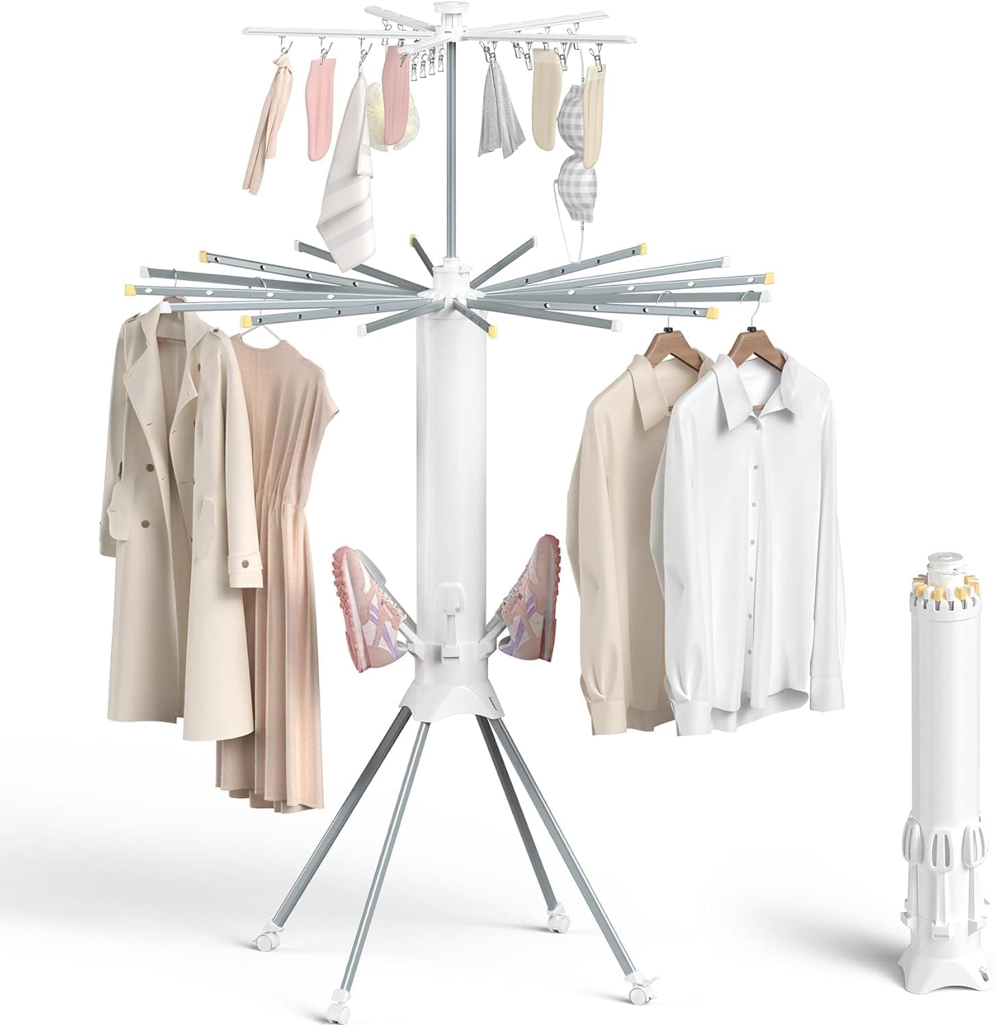 HomeAra Carbon Steel Clothes Drying Rack 2026 Upgrade 4-Legged 3Tier Foldable Laundry Rack with 4 Pulleys 20 Clips 6 Shoe Dryers 16Drying Rods for Indoor/Outdoor Camping Poolside Space Saving (White)