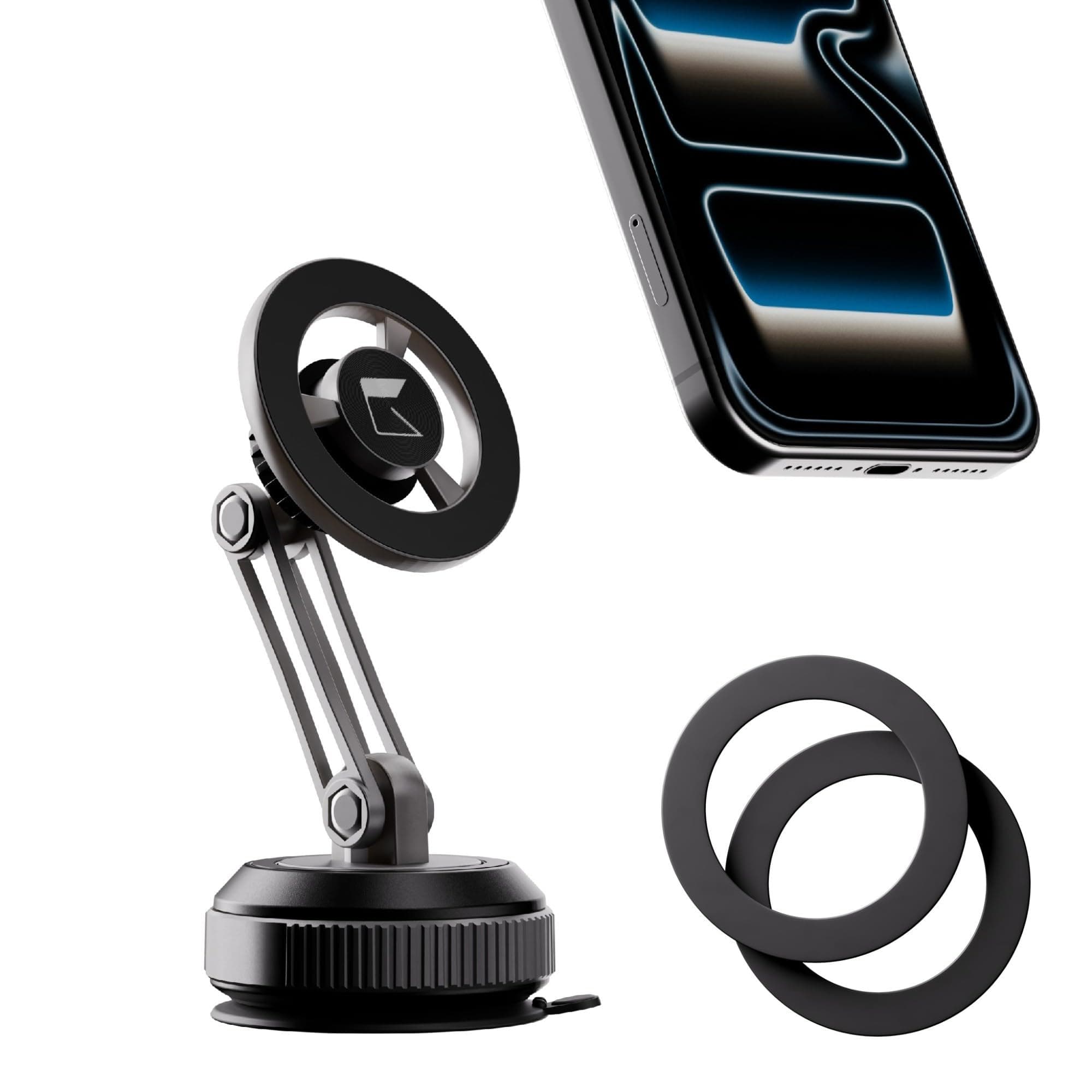Gentrix Magnetic Car Phone Holder MagFold Pro, Compatible with MagSafe, Apple|N52 Magnet|360° Rotating Arm|Dashboard, Windshield Mount with Suction Vaccum Cup| iPhone 12–17, Samsung S22-S26, Pixel