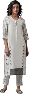 W for Woman Women's Cotton Straight Fit Printed Round Neck Straight Kurta