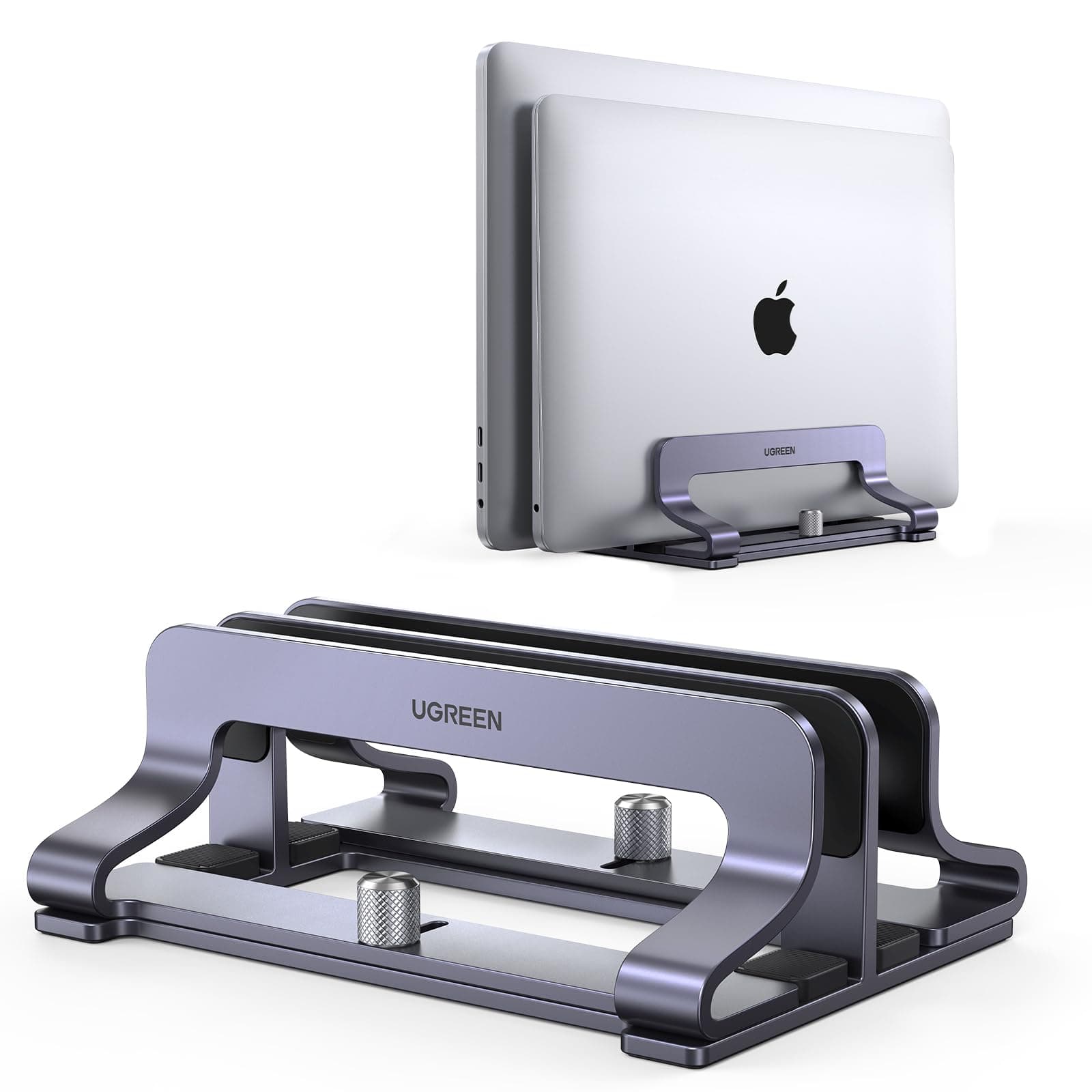 UGREEN Vertical Laptop Stand for Desk, Dual Slot Aluminum Holder, Adjustable Dock, Compatible with MacBook, Chromebook, up to 17.3 Inch, Grey