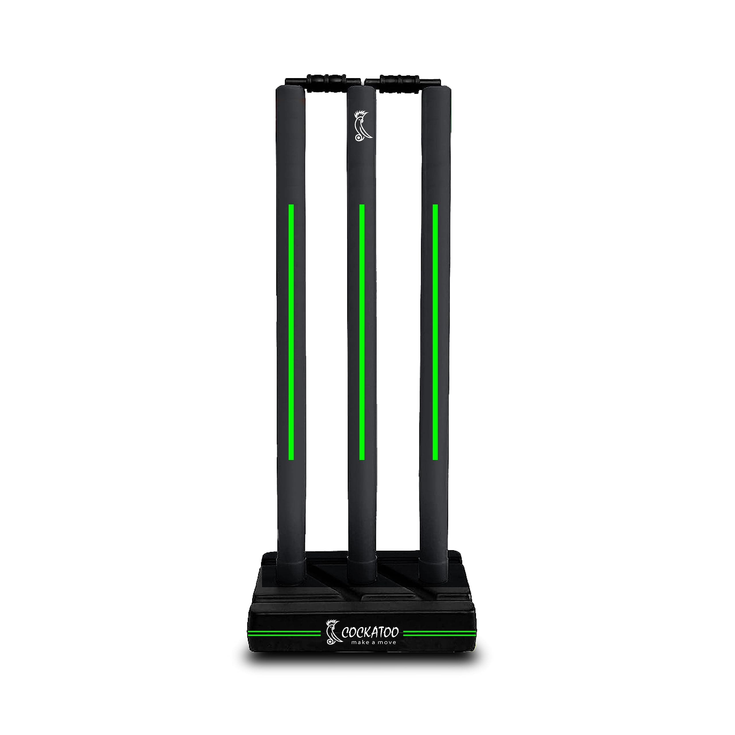 Cockatoo Premium Cricket Wicket Set l Heavy Duty Plastic l Fluorescent Green l Standard Size l 3 Stumps+2 Bails+1 Stand Set l Professional Quality for Cricket Ground, Match, and Tournament