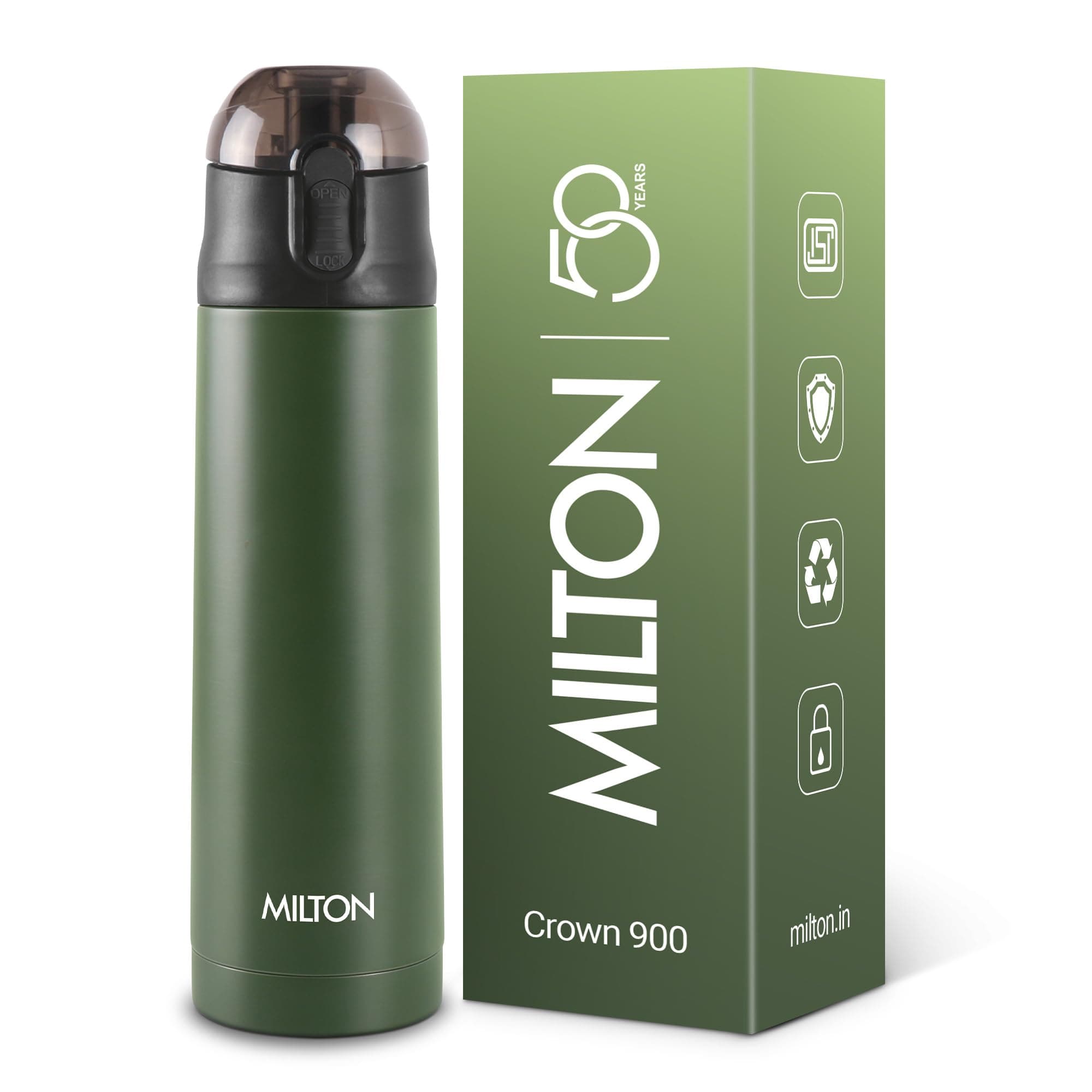 Milton New Crown 900 Thermosteel Water Bottle 750 ml with One Touch Safety Lock, 24 Hours Hot and Cold, Leak Proof Lid, ISI Certified I Vacuum Insulated I for Office, Gym, School I Green