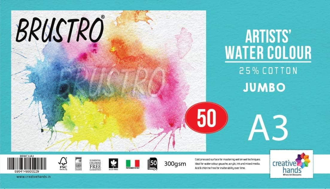 BRUSTRO Artists 25% Cotton Watercolour Paper, 300 GSM, Cold Pressed Jumbo - A3 (50 Sheets) | Ideal for Watercolor,Acrylic,Gouache,Charcoal,Graphite,Ink & Other Mixed Media