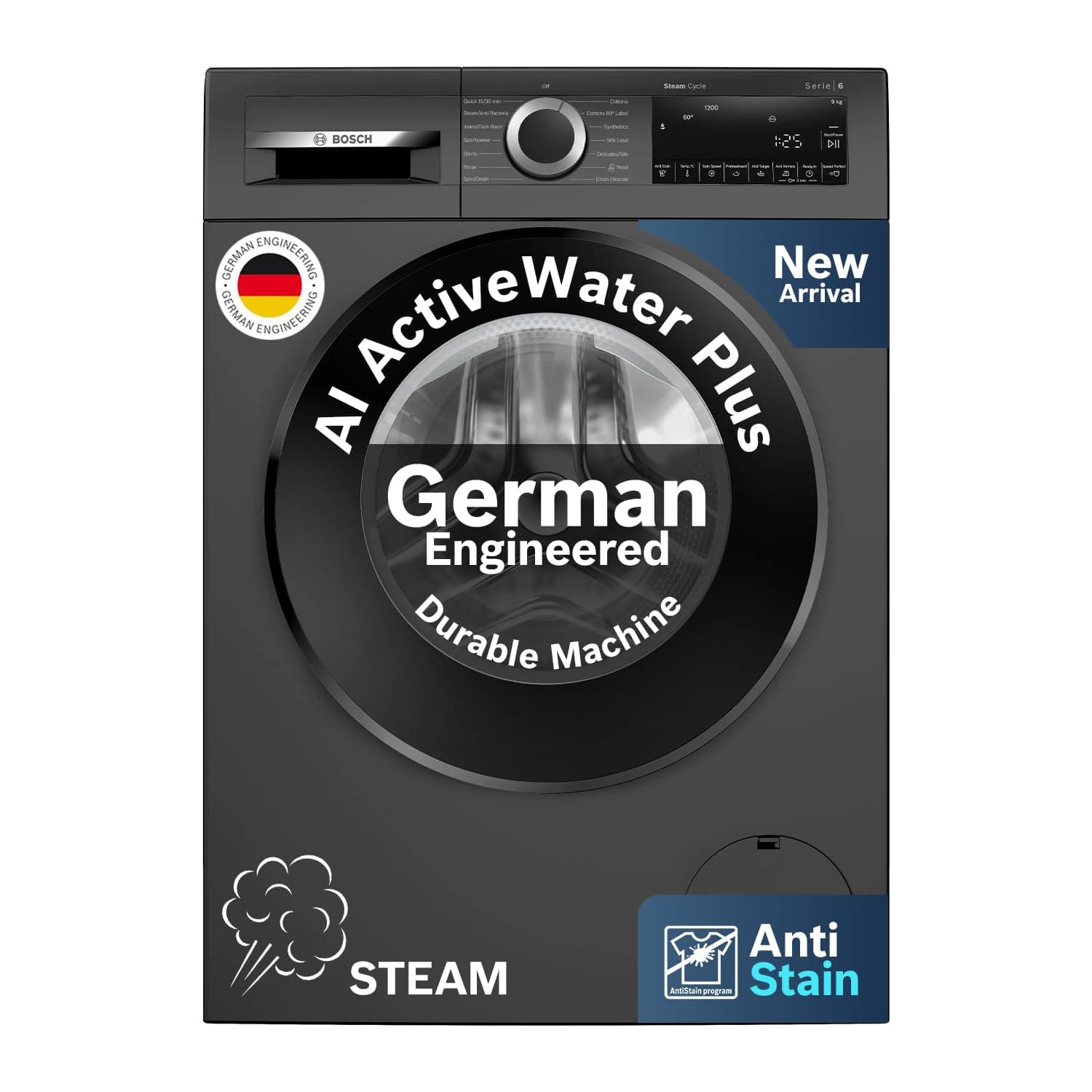 Bosch 9 kg 5 Star Front Load Fully-Automatic Washing Machine, AI ActiveWater, 14 Wash Programs, Removes 99.9% Germs with Steam, No Tangle or Wrinkle, SoftCare Paddle, Black Grey, WGA1420TIN