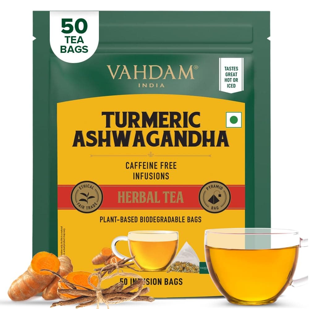 VAHDAM Turmeric Ashwagandha Herbal Tea - 50 Tea Bags | Fights Inflammation, Reduces Stress & Boosts Energy | 5-Herb Caffeine Free Blend | With Black Pepper, Lemongrass & Licorice