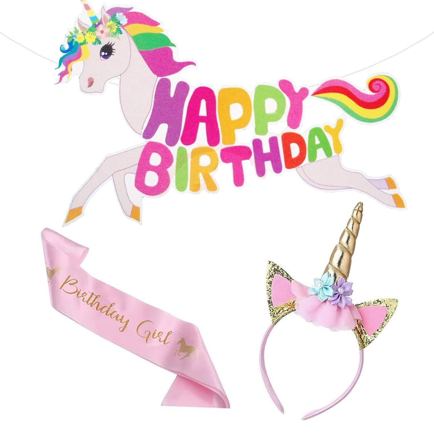 Party Propz Unicorn Birthday Girl Set - 3 Pcs Hair Band, Happy Birthday Banner (Cardstock), Satin Sash for Girls Theme Decorations | Unicorn Headband