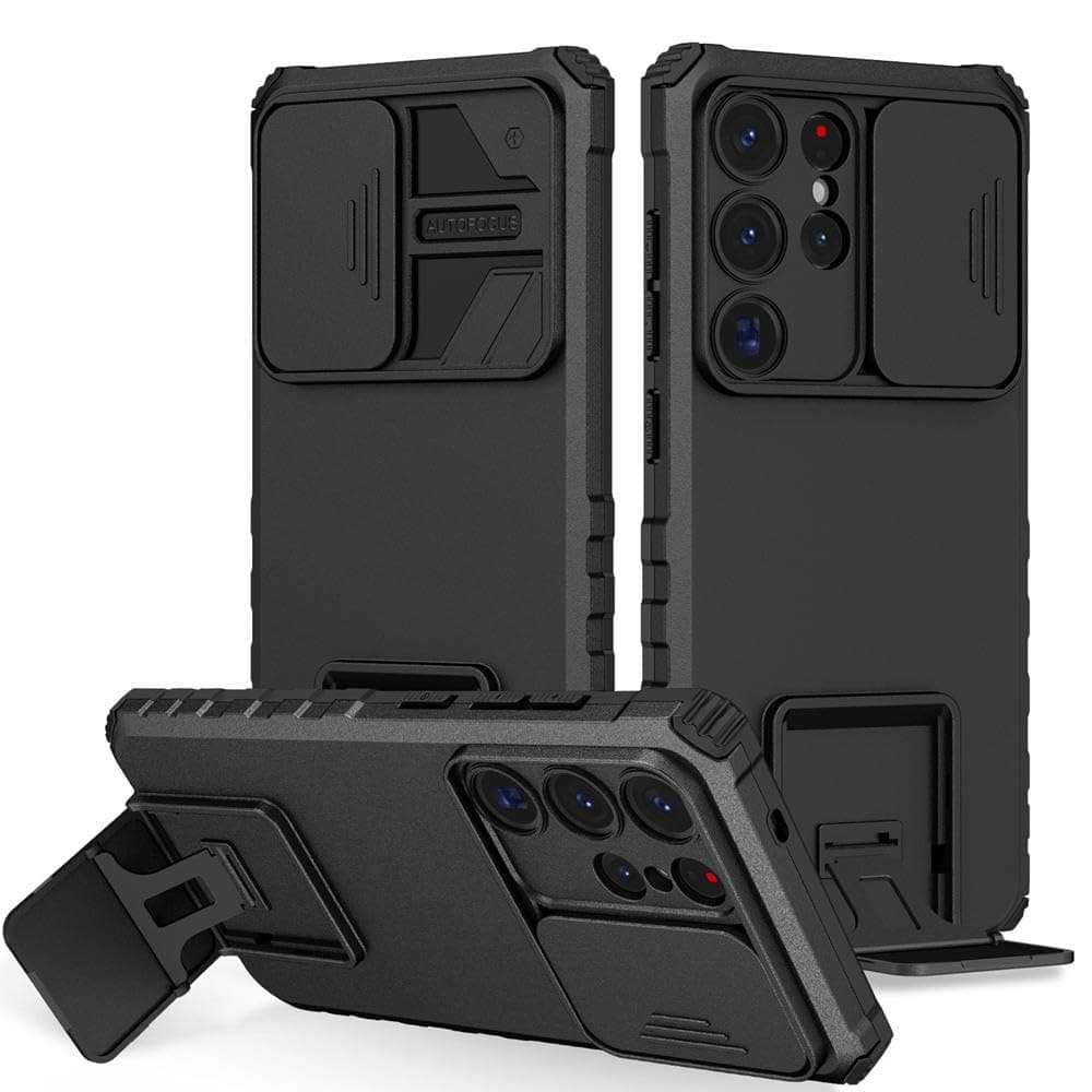 ShieldTech Back Cover Case for Samsung Galaxy S25 Ultra 5G | Sliding Camera Shield | Stereoscopic Stand | 360° Protection Mobile Cover For Samsung Galaxy S 25 Ultra | S25 Ultra 5G PC, Black Back Cover