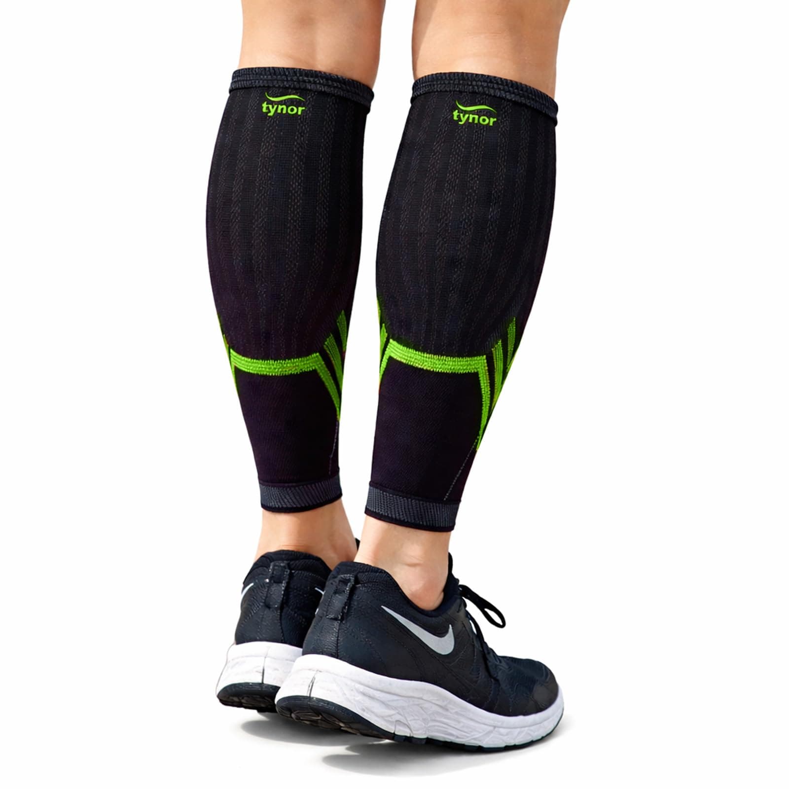 TYNOR Calf and Shin Support Air Pro, Black & Green, Medium, 1 Pair