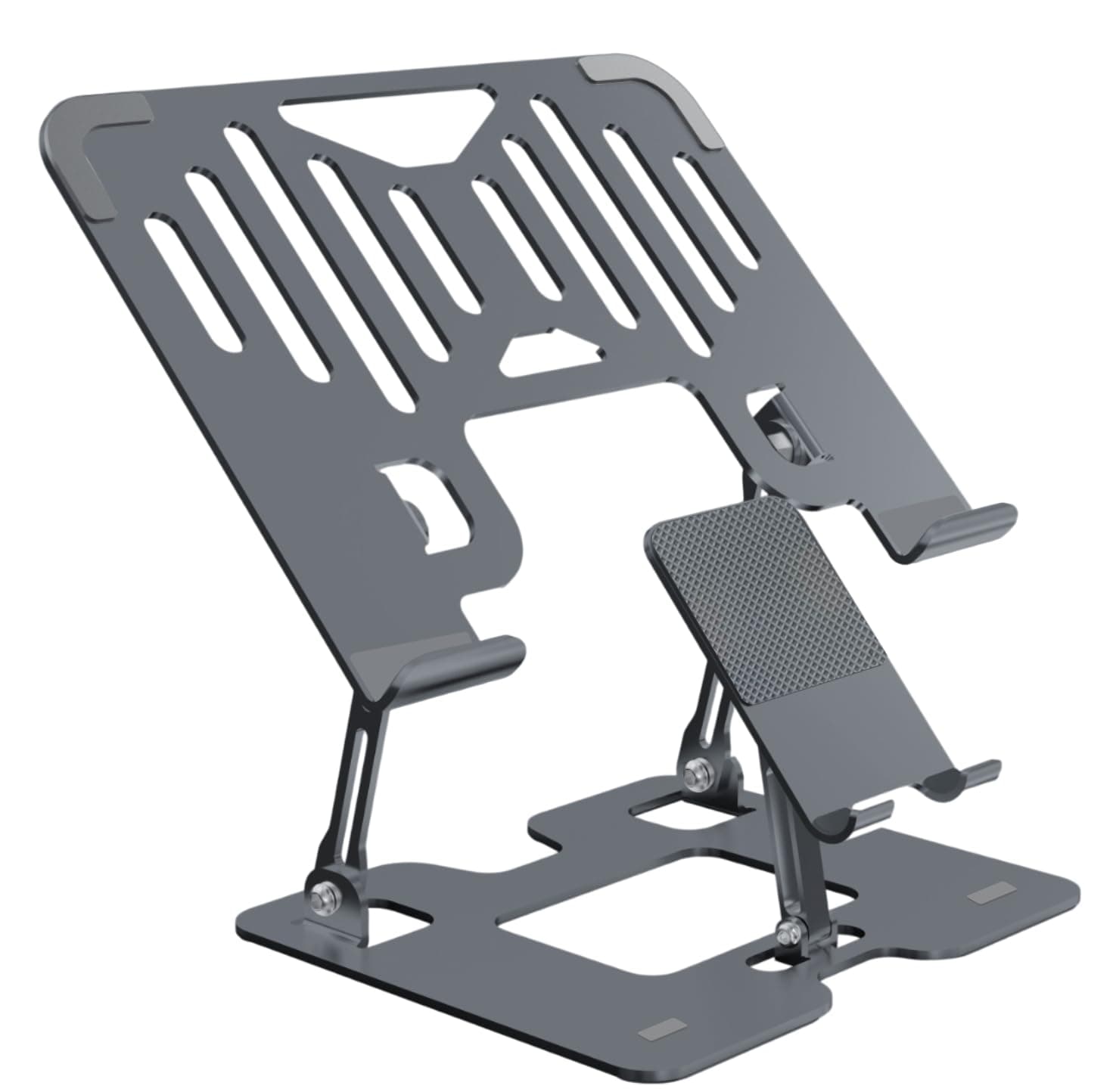 Dyazo 2 in 1 Adjustable Laptop & Mobile Stand | Foldable & Ventilated Riser for Laptops upto 15.6 inch | Portable Adjustable Height | Compatible for MacBook, HP, Dell, Acer, Lenovo & More (Space Grey)