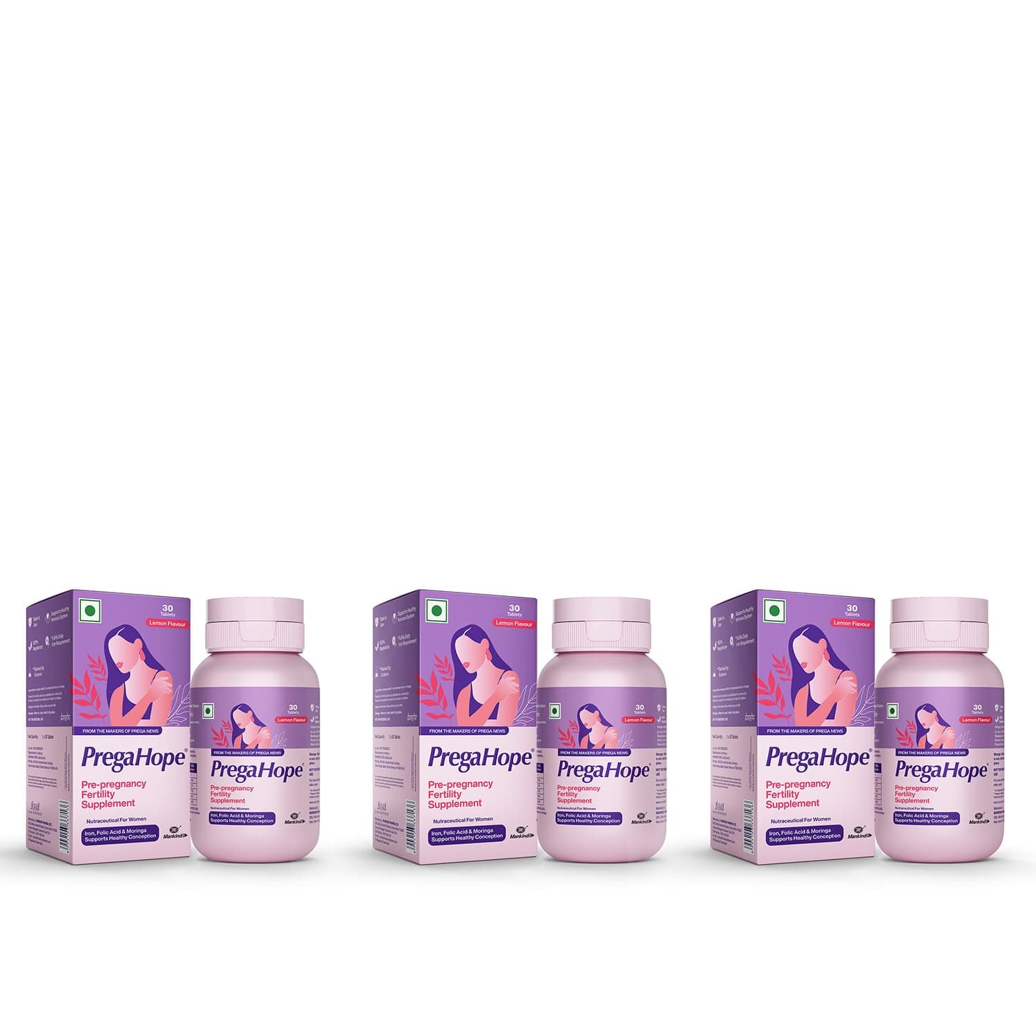 PregaHope Pre-Pregnancy Fertility Supplement (Pack Of 90 Tabs)|With Iron, Folic Acid & Moringa|Lemon Flavor