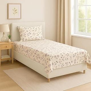 BSB HOME Flat Bedsheet for Single Bed with 1 Pillow Cover | Soft Touch Cotton | Comfortable & Durable | Size 90 x 60 Inch | Elegant Printed Bedding Set for Daily Use, Color - White and Brown