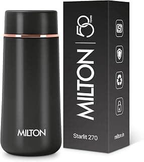 MILTON Starlit 270 Thermosteel Compact ISI Certified Water Bottle, Vacuum Insulated Hot and Cold I SS304 Stainless Steel, Leak Proof I 260 ml, Black