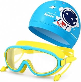 ArrowMax Kids Swimming Goggles with PU Waterproof Swim Cap | Wide Lens Anti-Fog Goggles with Attached Ear Plugs | Comfortable Leakproof Swim Set for Boys & Girls Age 6-14 Years