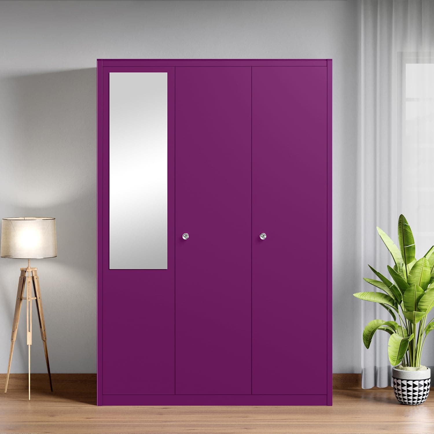 Interio by Godrej Axl 3-Door Steel Almirah with Mirror (Textured Mulberry), 1-Year Warranty, 1 Locker, 10 Shelves