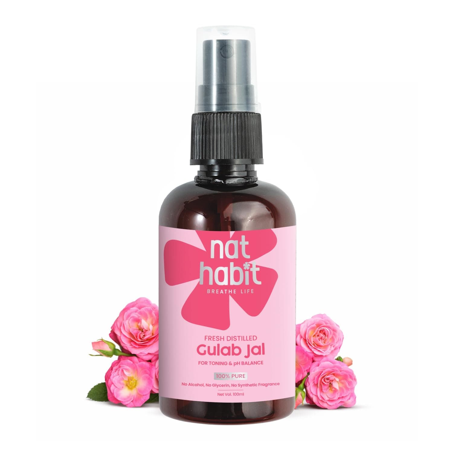 Nat Habit 100% Pure Gulab Jal - Rose Water - Toner, Face-Mist, Astringent & Face Spray - Ayurvedic, Steam-Distilled For Oil-Control, Skin Hydration (Pack of 1, 100 ml)