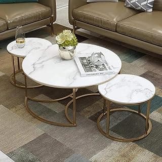 Furniture Cafe Round Nesting Coffee Table Set of 3 with White Marble Look Top & Gold Metal Base | Modern Stackable Center Tables for Living Room, Bedroom, Balcony & Apartment (White & Gold)