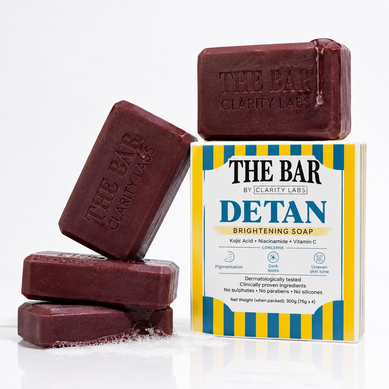 Clarity Labs | DETAN BRIGHTENING SOAP | (Pack of 4) | Tan Removal | KOJIC ACID SOAP | Niacinamide | Vitamin C Kojic | Dark Spot Removal | Even Skin Tone | Glowing Brighter Skin | Reduces underarm pigmentation
