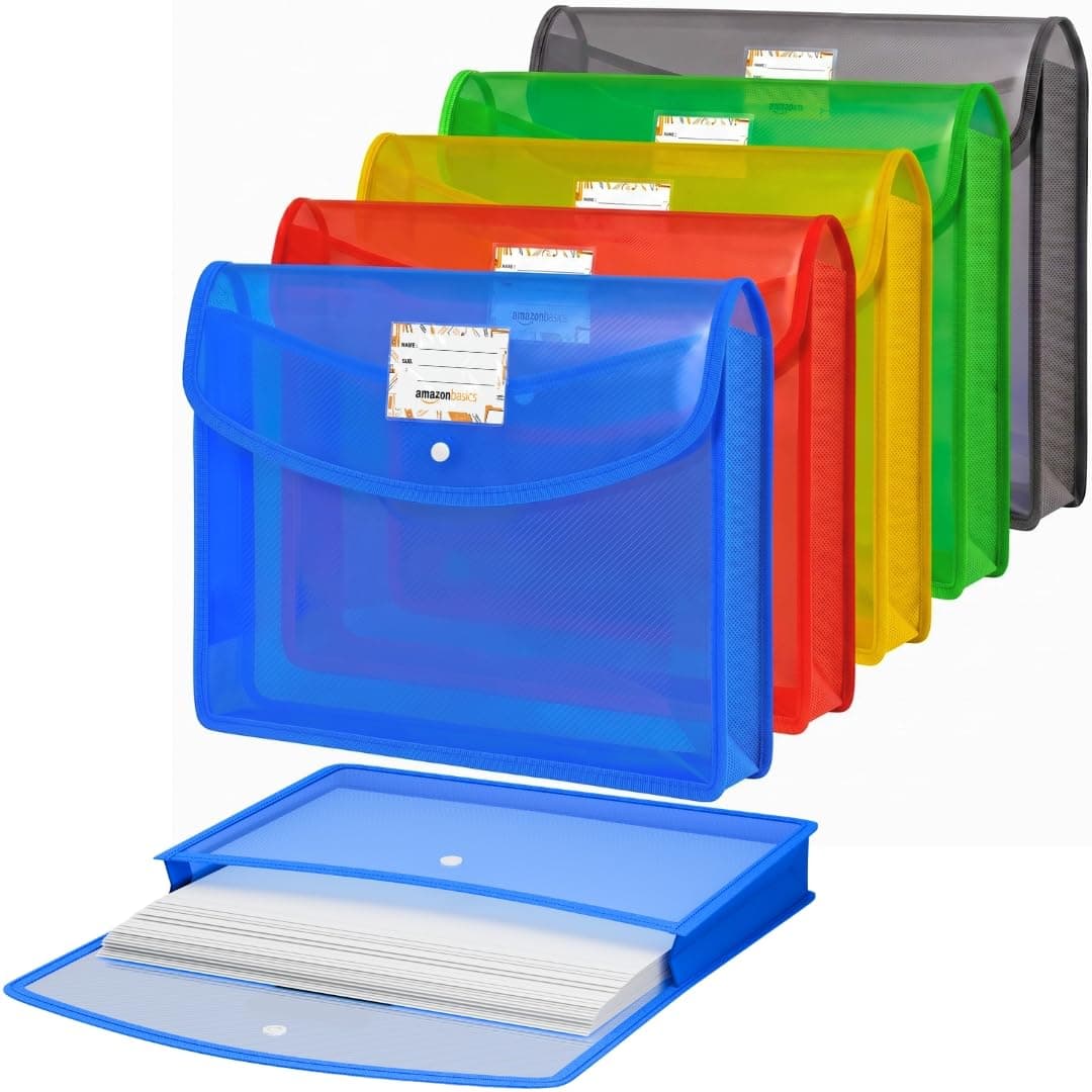 Amazon Basics Multicolor Horizontal Opening File Folder, Poly-Plastic Documents Organizer, Transparent A4/Foolscap Papers File Storage Bag with Snap Button, best for Office Use | Set of 5 - Multicolor