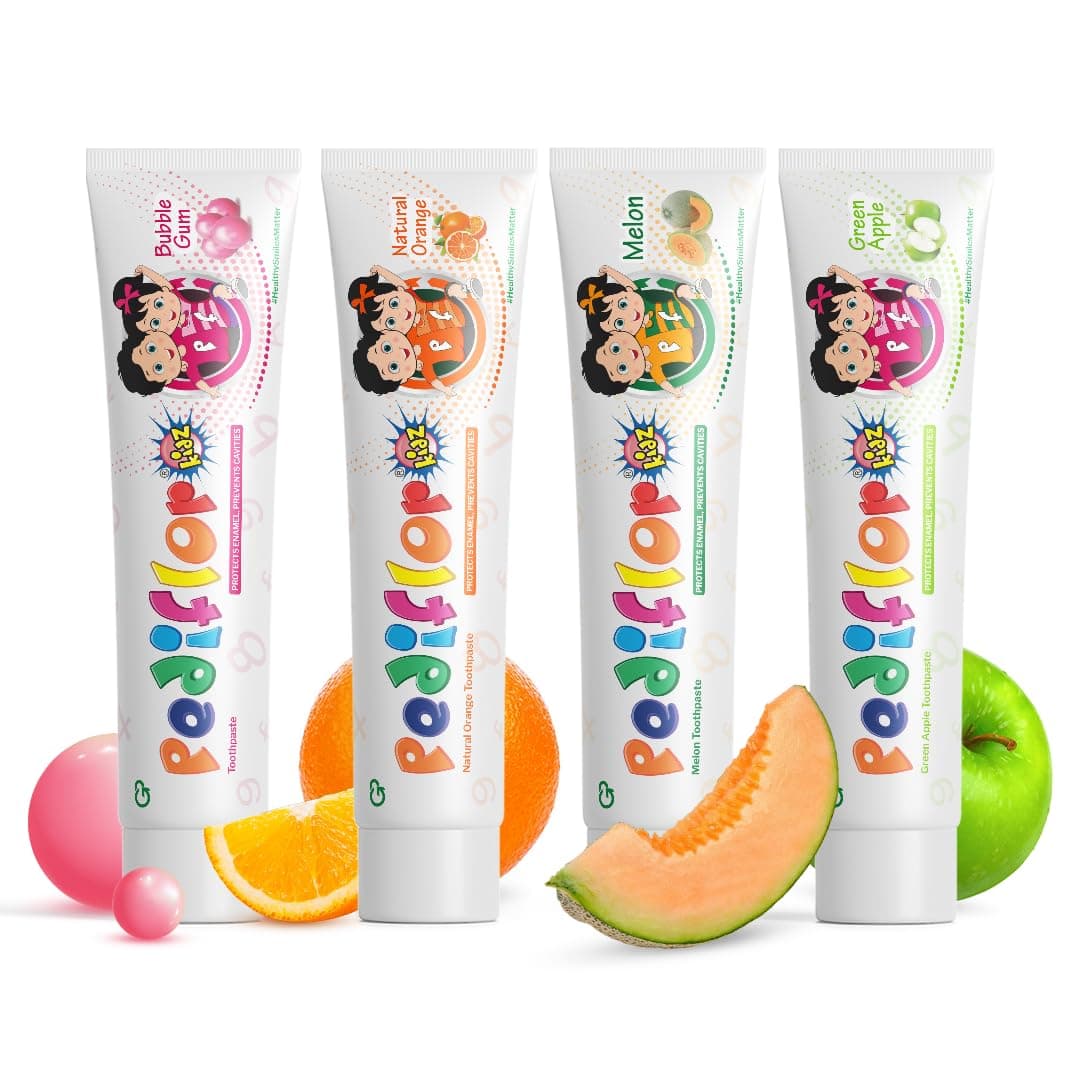 PEDIFLOR Kidz Anti-Cavity Toothpaste, 4 Flavours | Pack of 4 | Doctor Recommended | Green Apple, Bubblegum, Orange & Melon | Cavity Prevention & Vegan-Friendly (70g each)