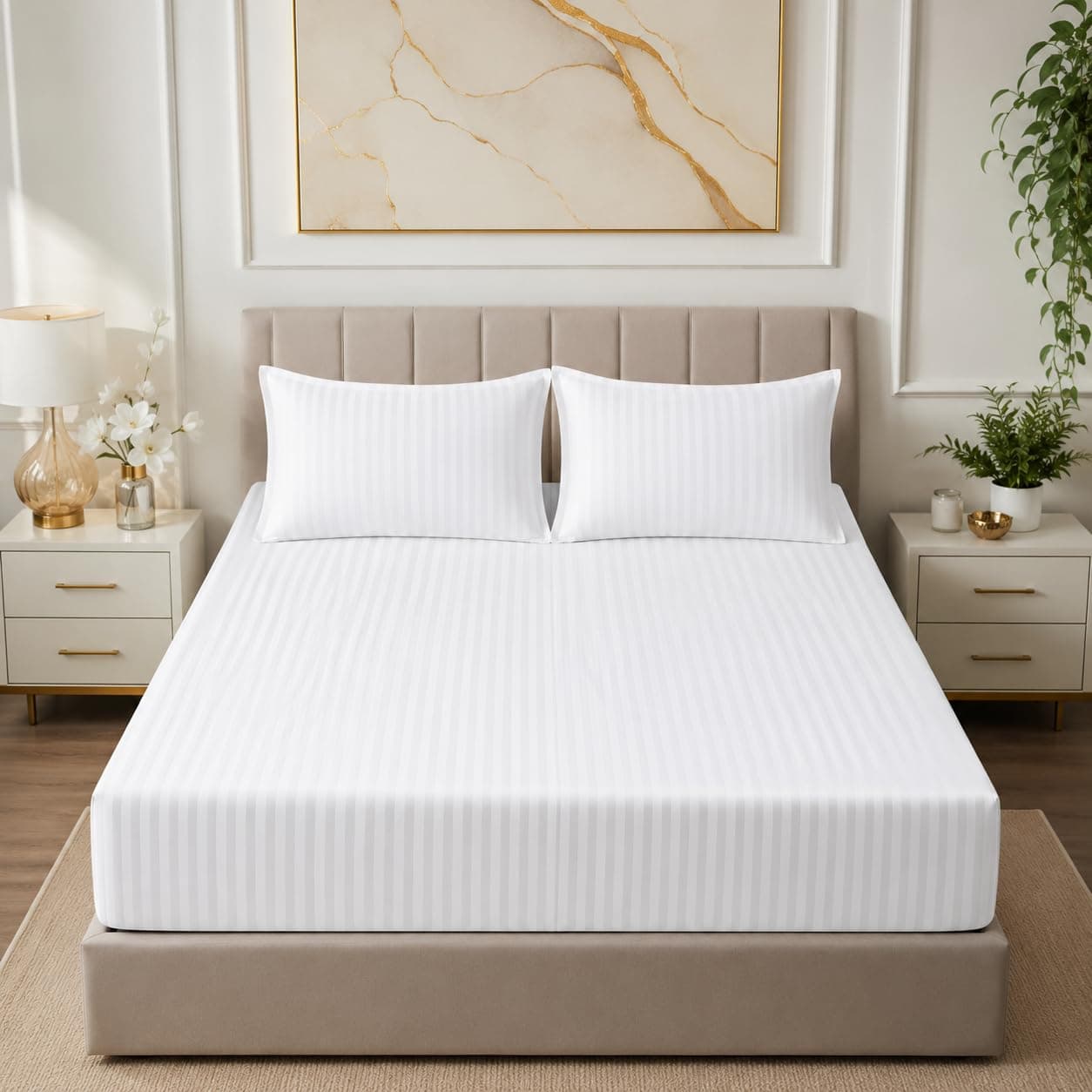 KIJO Home 100% Cotton 78x60 inch Queen Fitted 200TC Satin Stripe Elastic Fitted Bedsheet | Daily Use Double Bed Fitted Bedspread with 2 Pillow Covers (78"x60"| 6.5x5 ft, White)