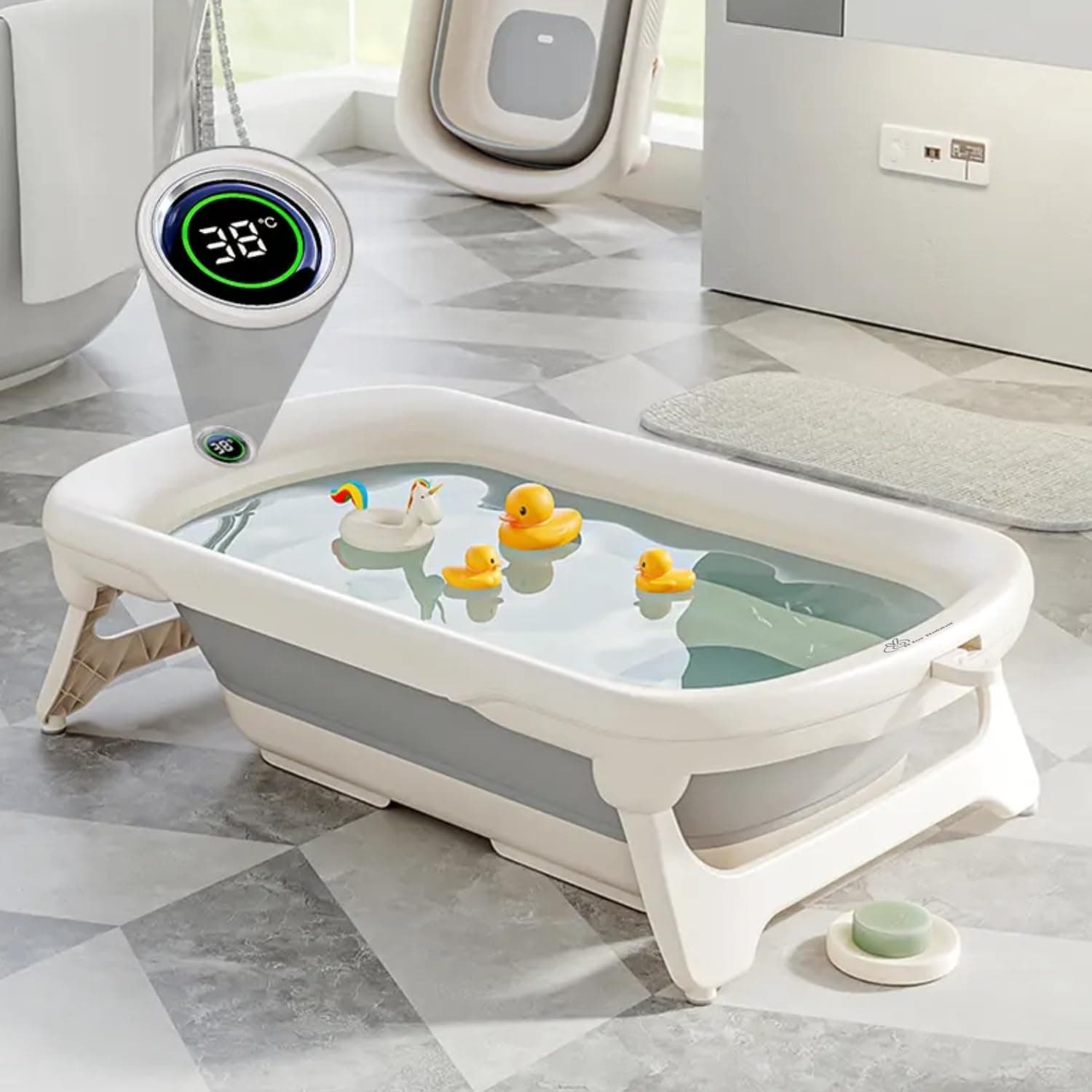 R For Rabbit Bubble Double Smart Baby Bath Tub with Water Temperature Indicator Screen Foldable Baby Bath Tub for Kids of 0 to 3 Years Upto 20 Kgs Weight Capacity (Grey White)