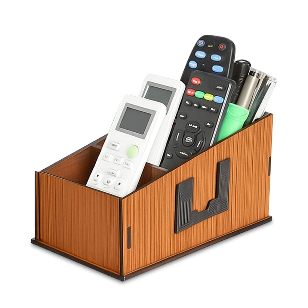 GLUN® Multipurpose Wooden Finish Stationery Office Desk Stand, 3 Compartment Pen, Business Visiting Card & Phone Holder For Office Table
