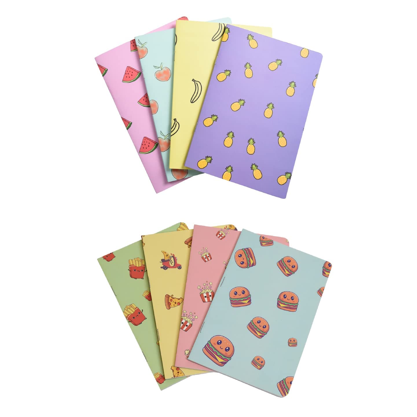 Papboo A5 Handy, Easy to Carry Unruled, Plain Cute Fruits & Snacks, 2 Sets of 4 for doodling, Writing, Notes, Notebooks -Matte Finished - Journal Diary, Gift.(60 * 8= 480 80 GSM Pages)