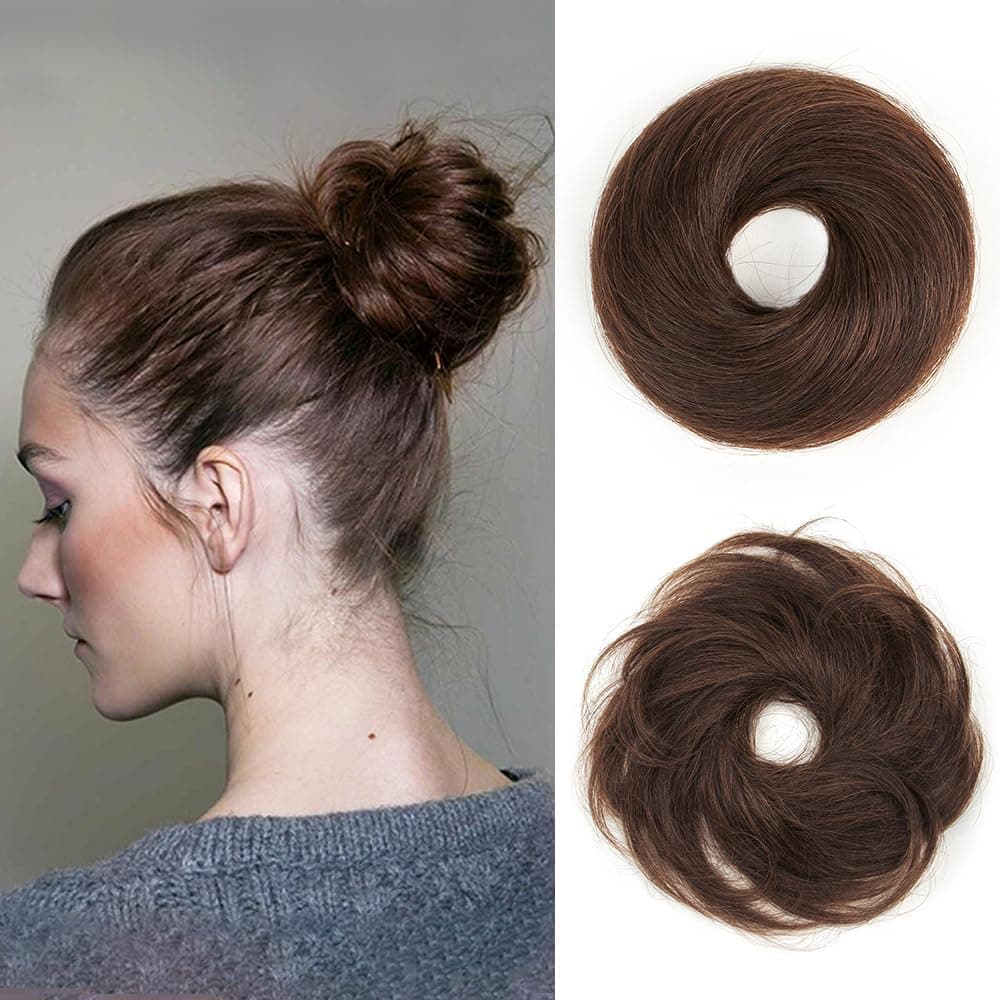 Miss Lirenn® Human Hair Extension Brown Messy Bun with Elastic Band Hair Bun 100% Human Hair Elastic Rubber Band for Women/Kids Girls Stretchy Fluffy (Brown)
