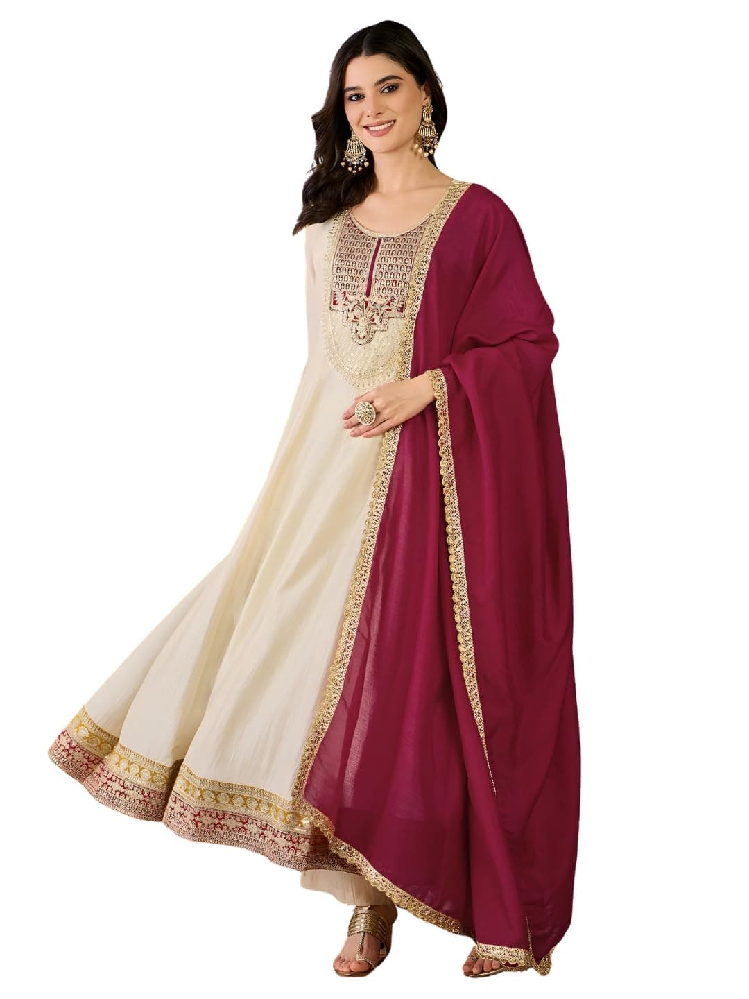 Naixa-Women's Vichitra Silk with Lining Embroidered Flared Kurta with Pant and Dupatta Sets (NX-881)