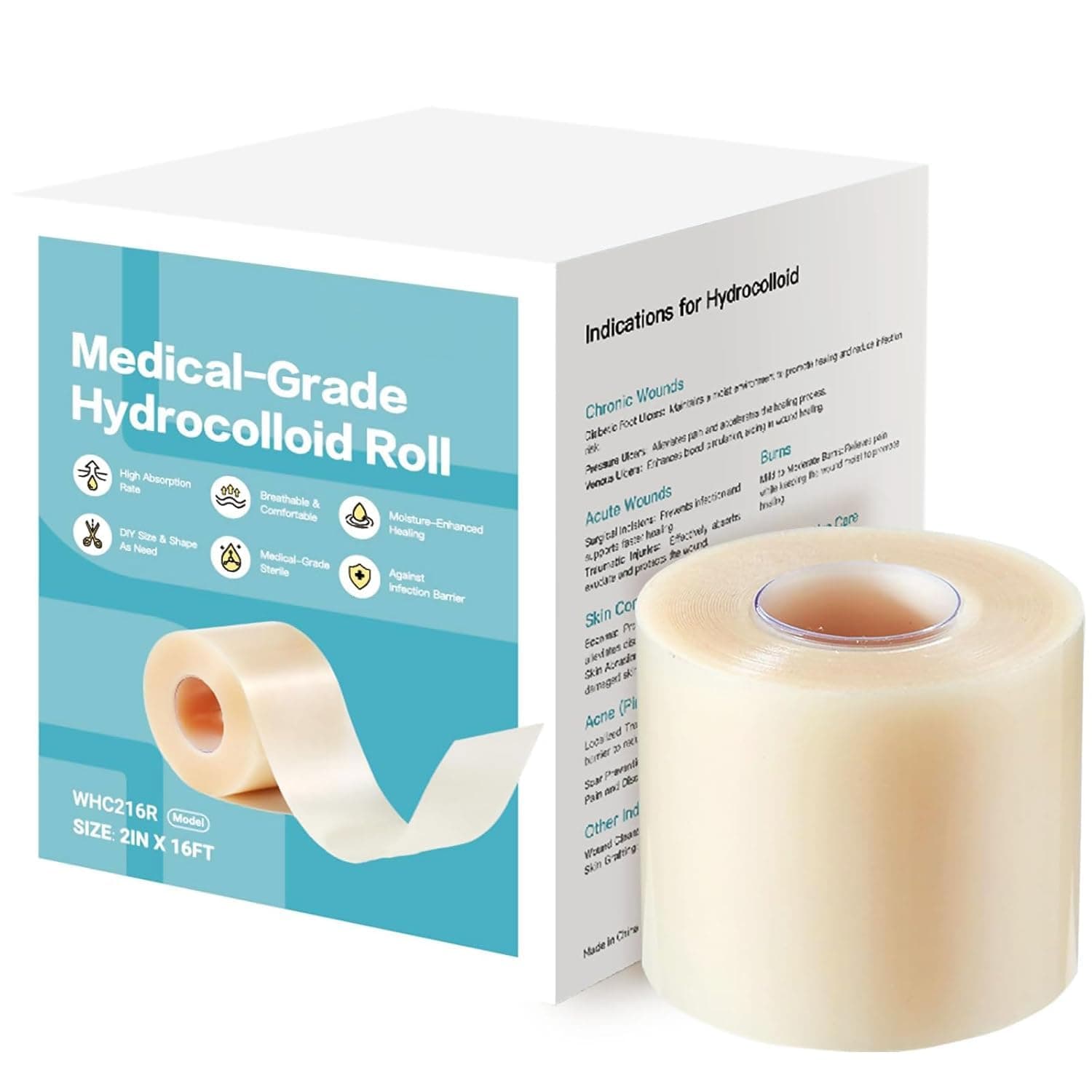 Hydrocolloid Roll for Wound Care – Medical-Grade Adhesive Wound Dressing Roll 2 in × 16 ft – 0.5 mm Thickness – Cut-to-Size Hydrocolloid Bandage Material for Healing Blisters, Cuts & Scrapes