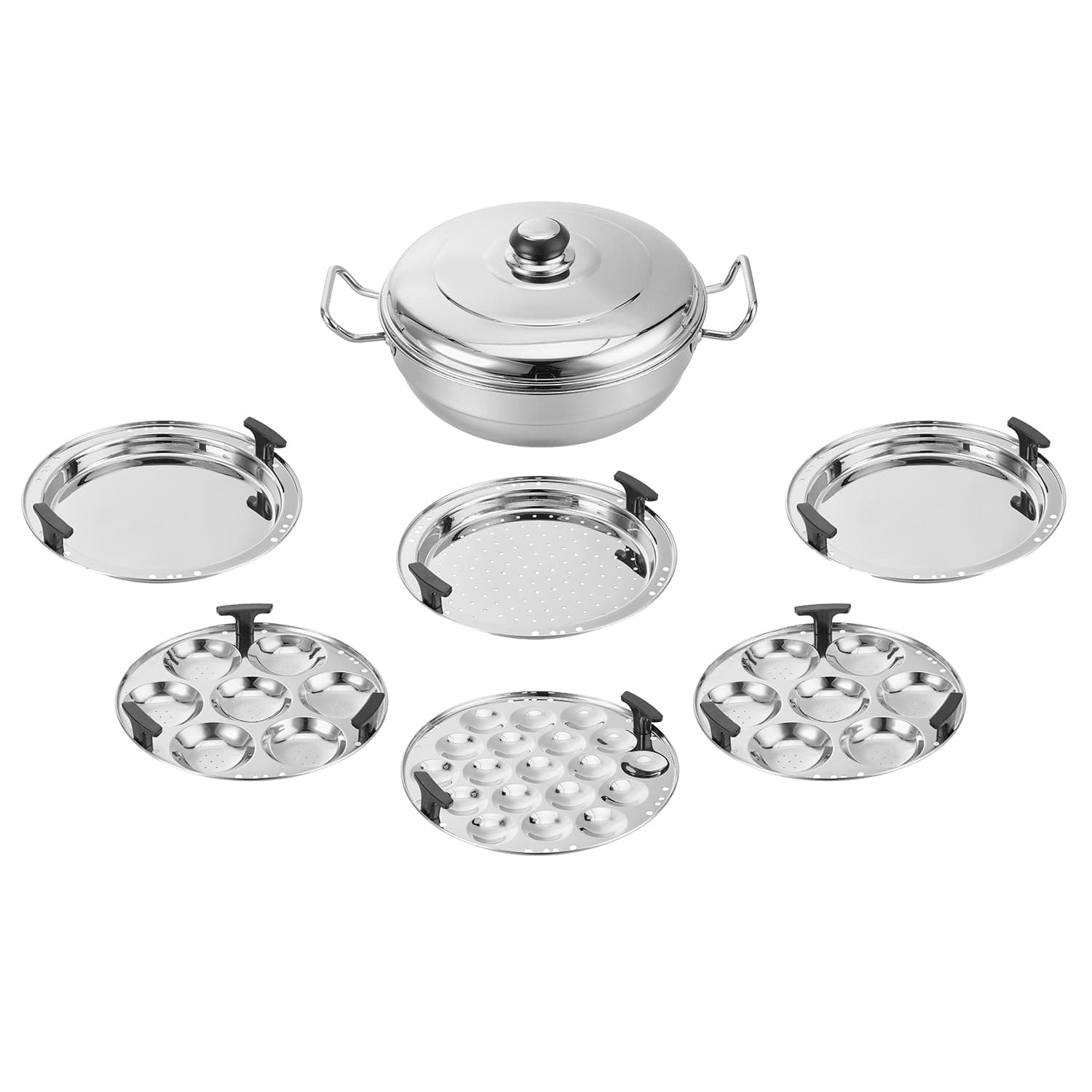Amazon Basics Stainless Steel Deluxe Multi Kadai with 6 Plates | 2 Idli, 2 Dhokla, 1 Patra & 1 Mini Idli Plate | Dhokla & Momos Steamer | Induction & Gas Compatible | Mirror Finish