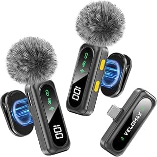 VELOMAX Mic for YouTube Wireless, Noise Reduction Magnetic Clip Wireless Microphone with LED Indicator and Battery Display for Video Recording Creators (Dual Mic)