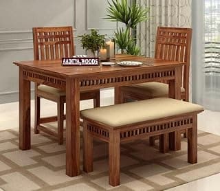 AADITYA WOODS Solid Sheesham Wood 4 Seater Dining Table Set with Chairs & Bench for Living Room Home Wooden Dining Table Set for Office Restaurant Modern Dining Room Set-45x30x30inch (ad-Honey4sB)