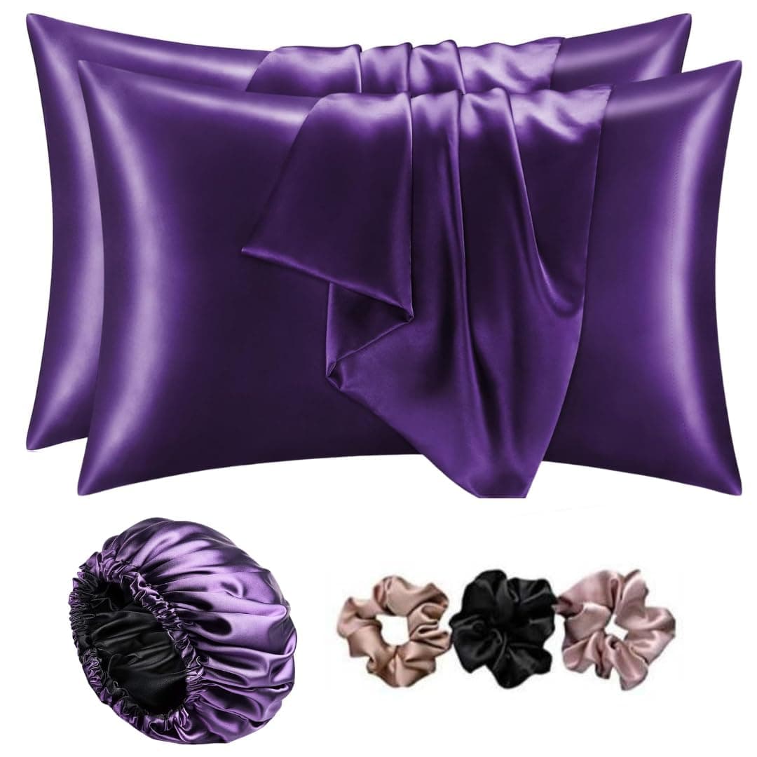 VIYANSHI Satin Pillow Cover for Hair & Skin 3 Months Warranty with 2 Silk Pillow Covers & 3 Satin Scrunchies for Women Gift Items for Women Silk Pillow case Satin Bonnet for Curly Hair (Dark Purple)