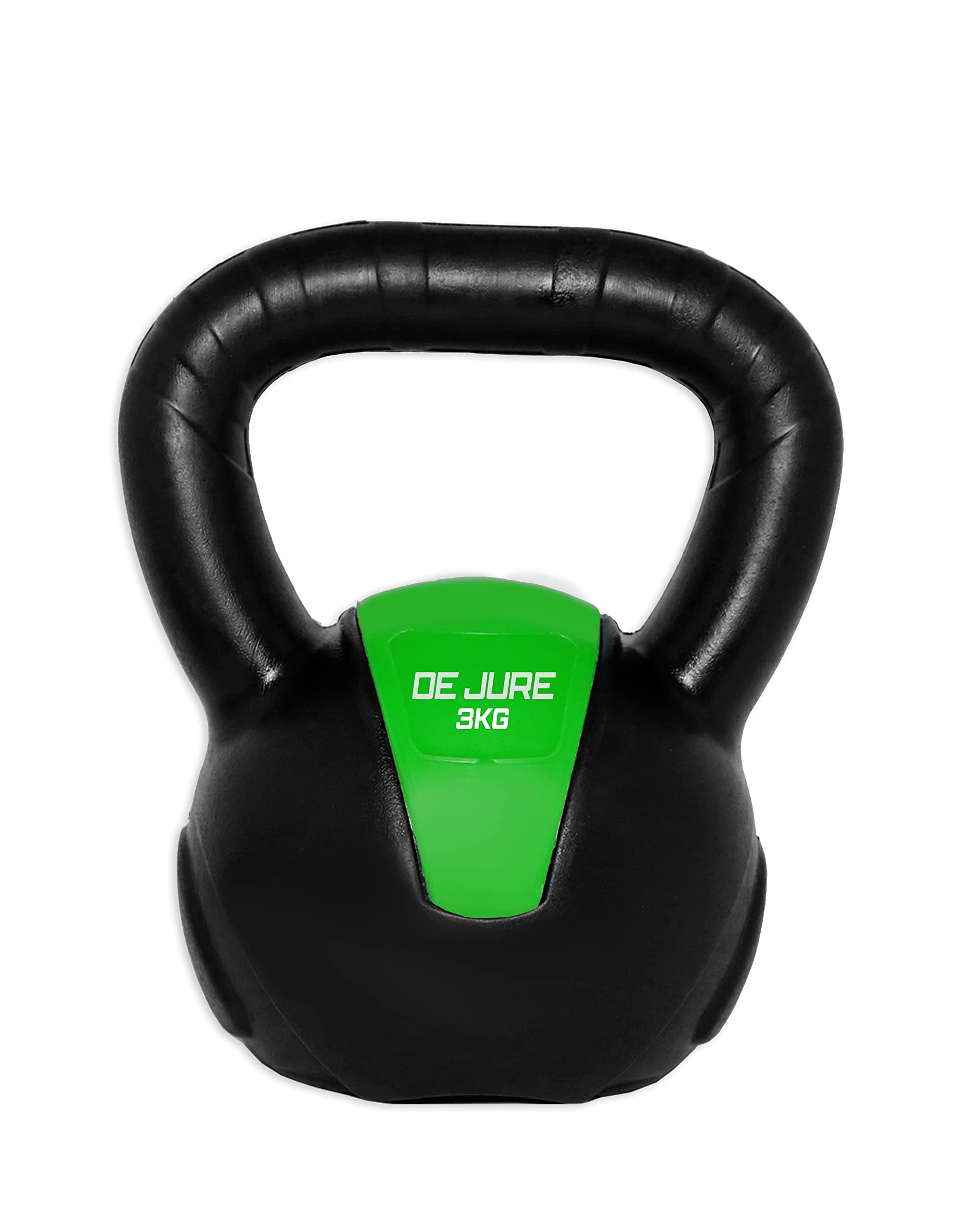 De Jure Fitness PVC Kettlebell 3kg for Men & Women, Strength & Cardio Training, Soft Grip, Crushed Concrete Filled, Full Body Workout Equipment for Home & Gym (Green Black)