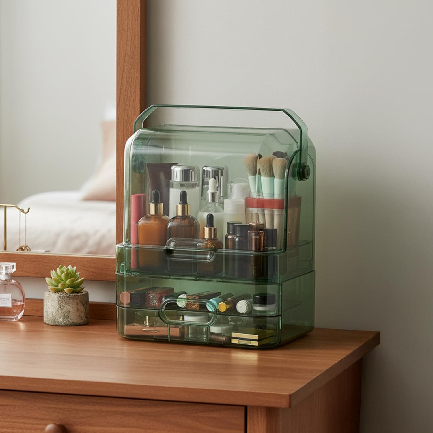 Amazon Basics Glossy PET Cosmetic Storage Organizer | 26.5 × 17.5 × 35 cm | 3 Compartments | Waterproof & Dustproof Lid | Green