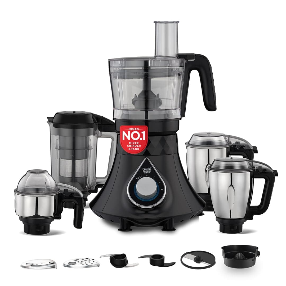 Preethi Zodiac Cosmo 750 Watts Mixer Grinder, 5 Jars (1 Food Processor Jar, 3 Stainless Steel Jars, Juicer Jar),Atta Kneading,Cube Cutting,Powerful Grinding,2 Year Warranty,Lifelong Free Service,Black