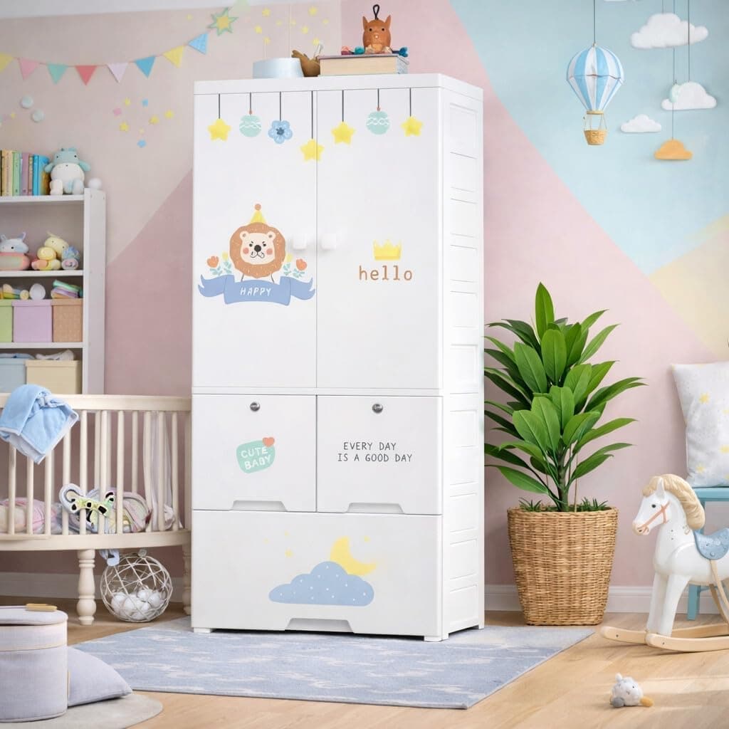 Mevigo 3-Door Kids Plastic Wardrobe with Drawers – Cartoon Design Storage Cabinet for Children, Multi-Layer Clothes Organizer, Toy & Baby Clothing Storage Cupboard for Bedroom/Nursery -Lion-SJ6523