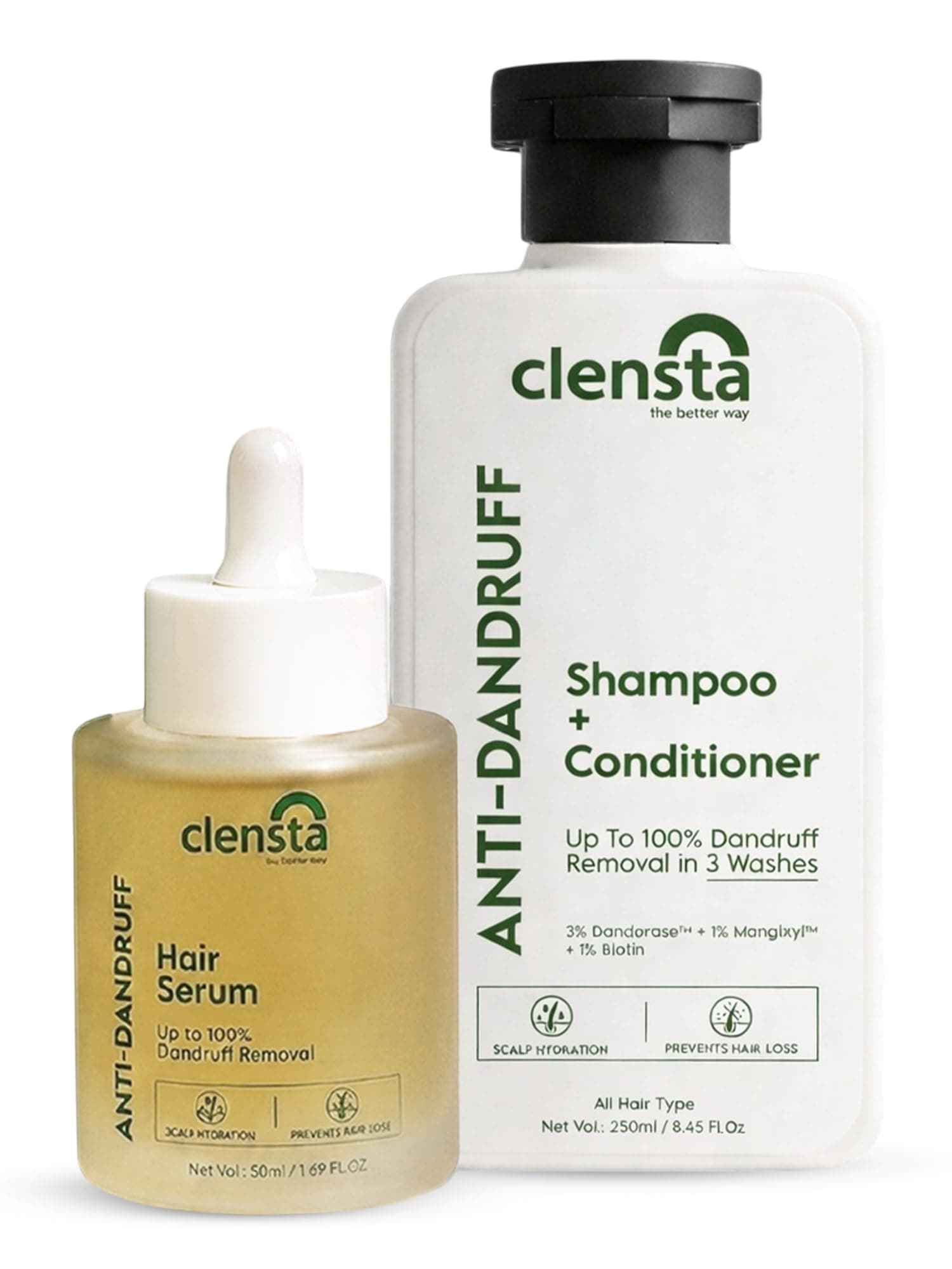 Clensta Anti-Dandruff Combo | Anti-Dandruff Hair Serum 50ml & Shampoo+Conditioner 250ml | Up to 100% Dandruff Removal in 3 Wash | DandErase™, Mangixyl™ & Biotin | Helps Remove Flakes & Itching | Scalp Hydration | For Women And Men | 250ml