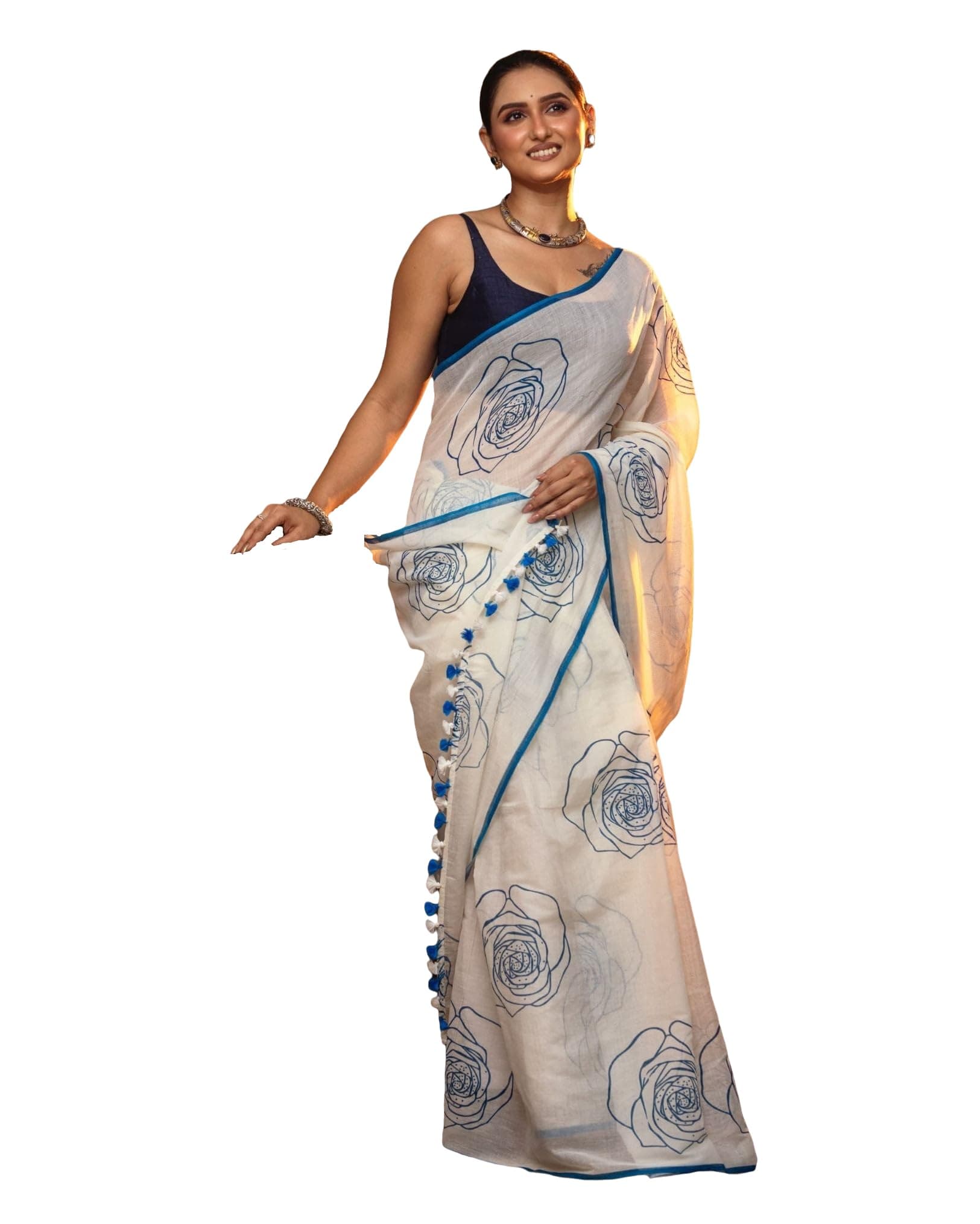 Sidhidata Women's Cotton Blend Floral Print Saree With Tassel Detailing & Comes With Unstitched Blouse Piece (Gulab_Free Size)