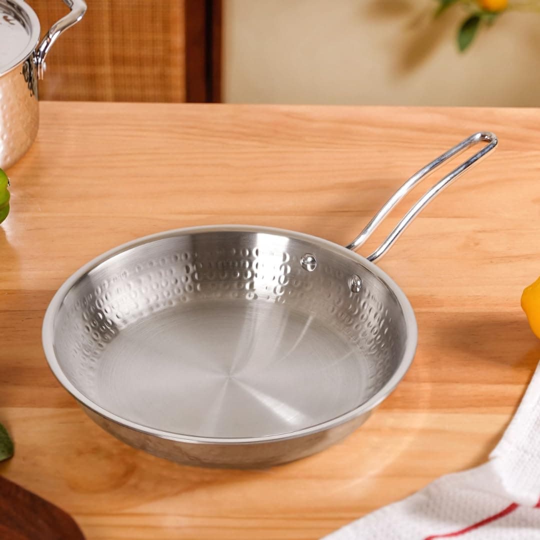 Nestasia Triply Hammered Stainless Steel Frying Pan (1750 ml) - Heavy Bottom Steel Pan for Cooking, Frying or Sauteing | Induction & Gas Stove Friendly Fry Pan