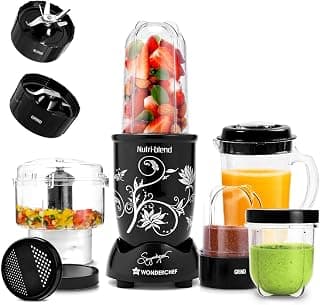 Wonderchef Nutri Blend Complete Kitchen Machine, Mixer Grinder, Blender, Chopper, Juicer, Stainless Steel Blades, 4 Jars with chopper, 500 Watts, Black, Online Recipe Book By Chef Sanjeev Kapoor