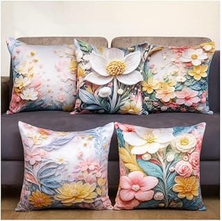 3D Decorative Satin Sofa Cushion Covers Set of 5, 24 Inch x 24 Inch, Sofa Pillow Cover, Pink and White, Floral Design, Zipper Closure (Dreamscape, 24X24 Inches)