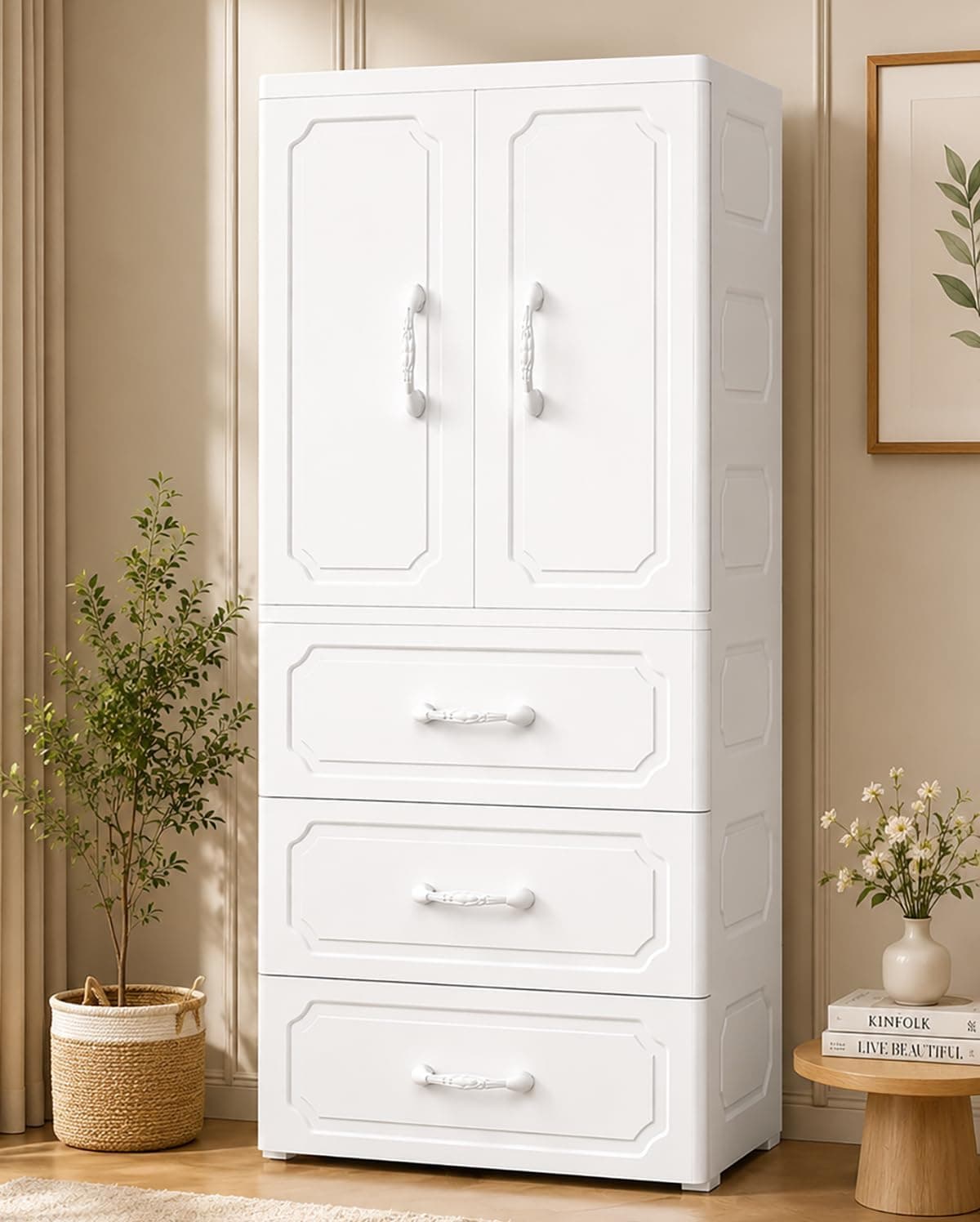 EXVITO Plastic Wardrobe for Cloth with Drawers & Hanging Rod | Cupboard for Clothes Storage | Foldable Collapsible Plastic Almirah | Cabinet for Bedroom and Livingroom- White