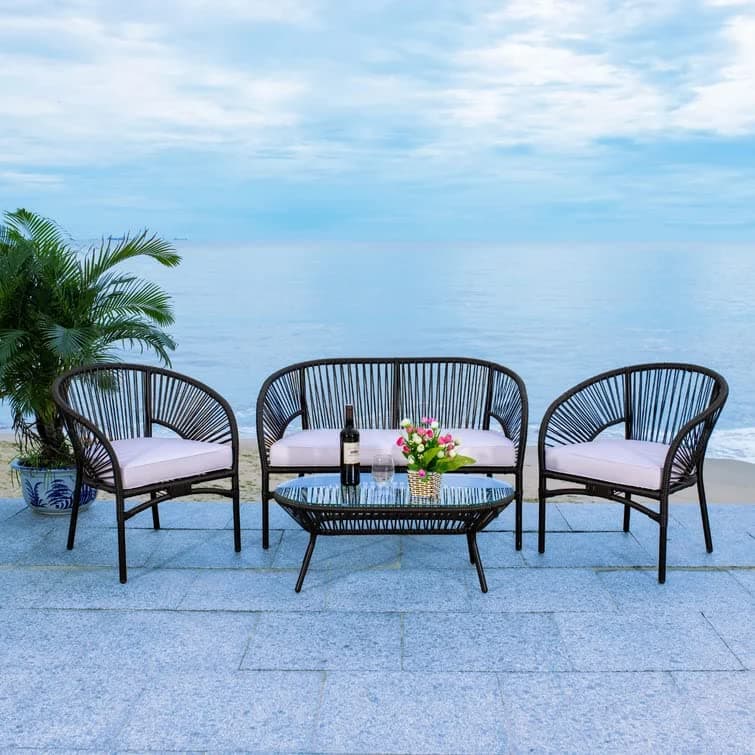 DEVOKO Outdoor Patio 4 Piece Rope Garden Sectional Conversation Set with Glass Top Table for Backyard, Pool, Terrace, Deck (Black & White)
