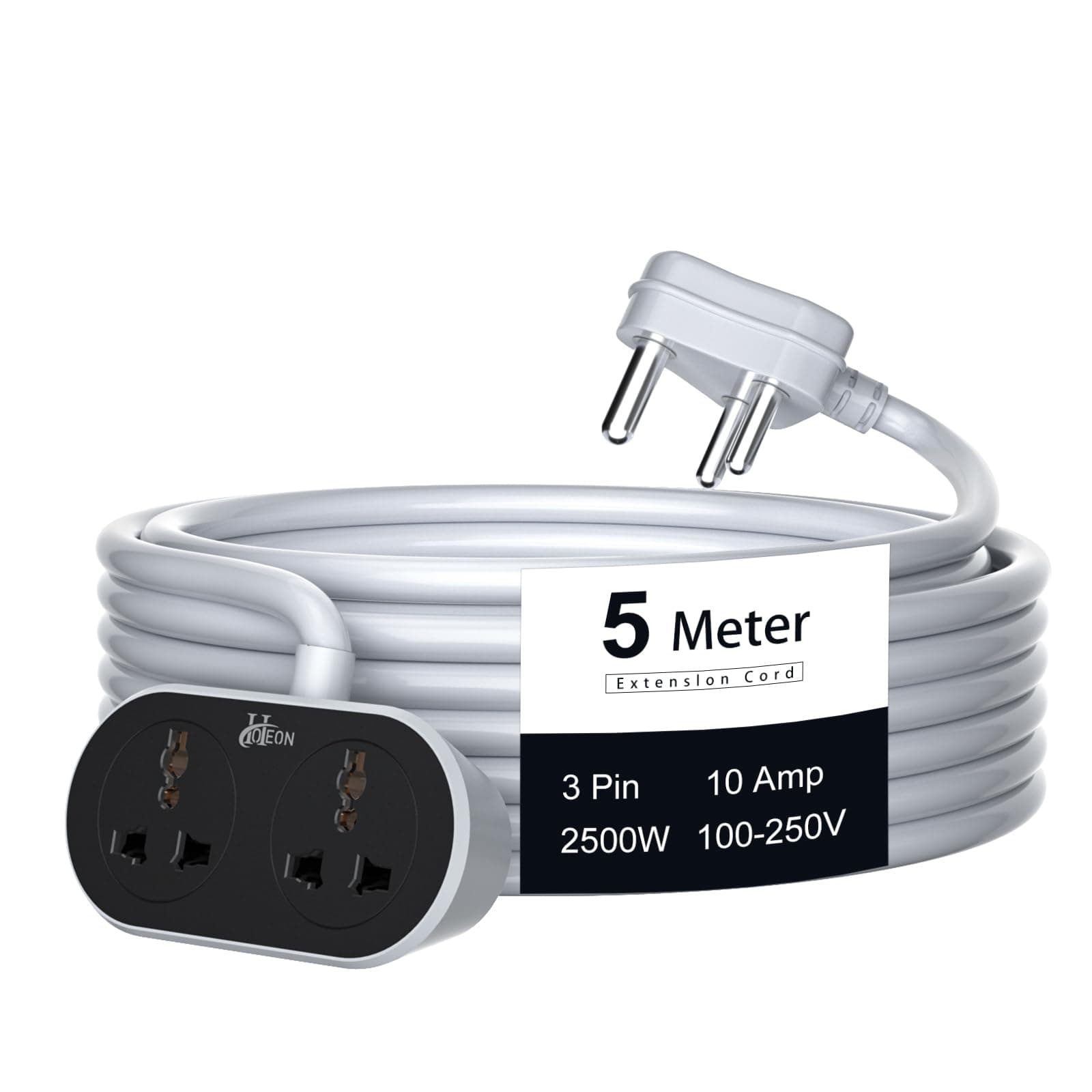 Hoteon Extension Board 5 Meter, 2500W 10A Extension Cord, Heavy Duty Long Wire Extension, 2 Universal Outlets Extension Cable, 3 Pins Power Cord Extension, Expandable Power Strip for Home Office