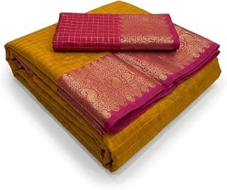Generic Banarasi Silk Saree, Mustard Yellow with Pink Zari Woven Border, Rich Pallu