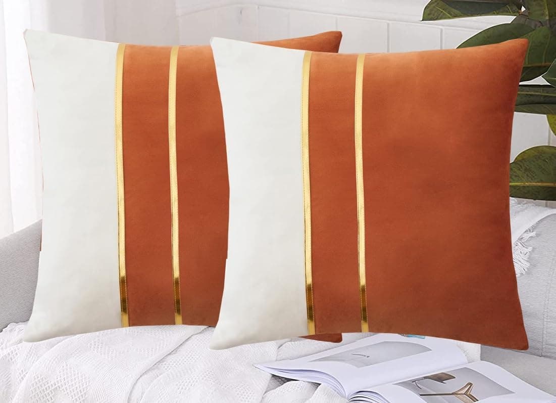 HIMS Velvet Sofa Pillow Cover Set of 2, Cushion Covers 24 inch x 24 inch for Cushion Covers Decor Living Room Sofa Bedroom Car (Coffee Brown/White, 24x24 Inch)