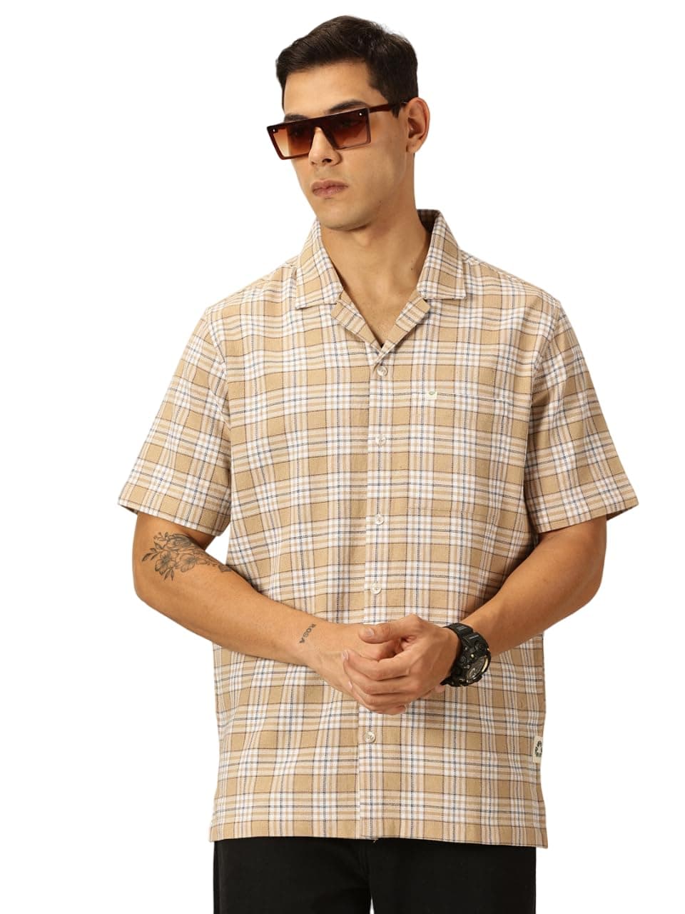 Thomas Scott Men's | Checks | Half Sleeve | Oversized Fit | Cotton Blend | Camp Collar | Casual Shirt